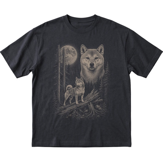 Shiba Inu Moonlit Forest graphic on a black Softstyle T-shirt laid flat