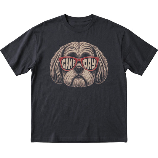 Shih Tzu Game Day design on a Black t-shirt, flat lay