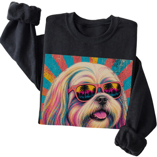 Folded Black crewneck sweatshirt with a Retro Shih Tzu Mama design