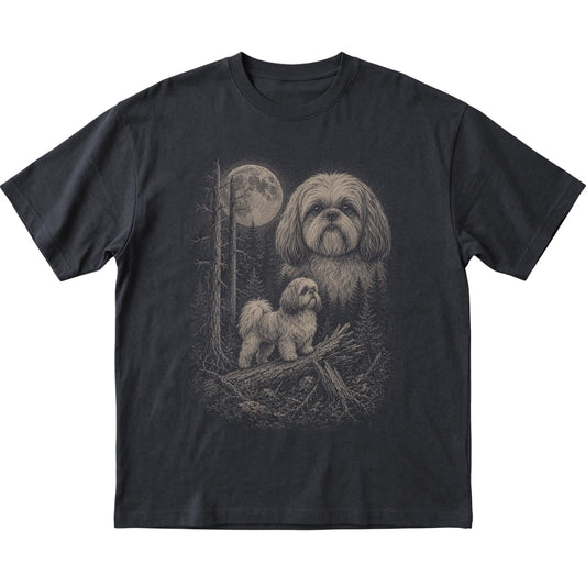 Shih Tzu Moonlit Forest graphic on a black Softstyle T-shirt laid flat
