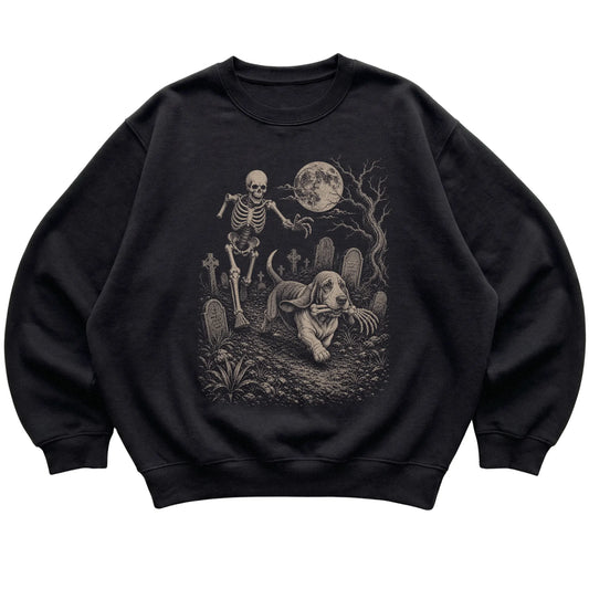 Black Skeleton Chase Basset Hound sweatshirt, flat view