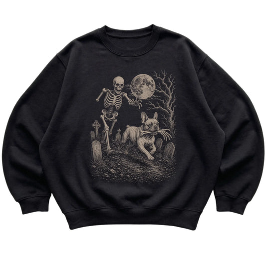 Black Skeleton Chase French Bulldog sweatshirt, flat view