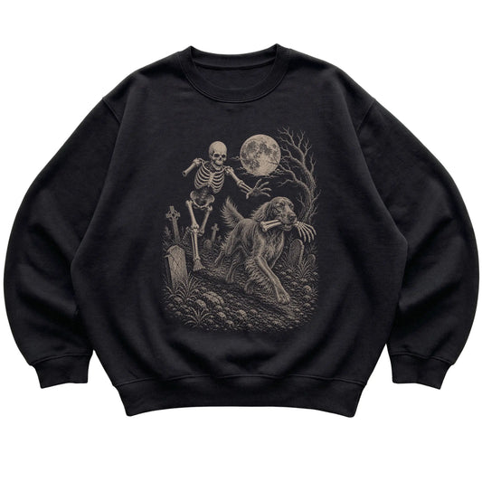 Black Skeleton Chase Irish Setter sweatshirt, flat view