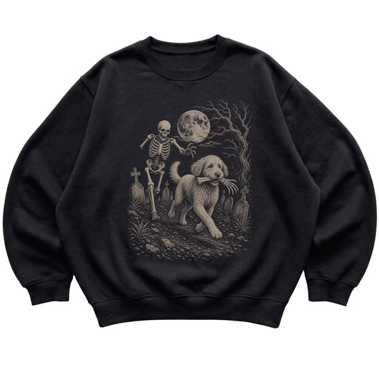 Black Skeleton Chase Labradoodle sweatshirt, flat view