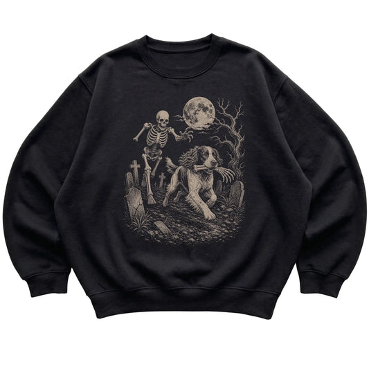 Black Skeleton Chase Springer Spaniel sweatshirt, flat view