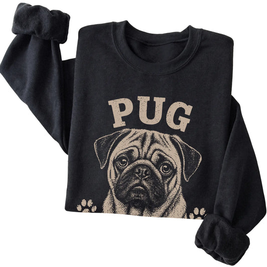 Black crewneck sweatshirt featuring Snore Loud, Love Hard - Pug, folded presentation