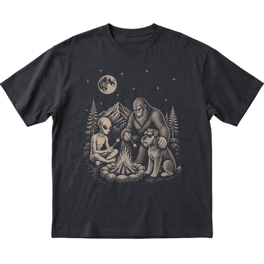 Black Standard Schnauzer Camping with Bigfoot and Alien shirt laid flat
