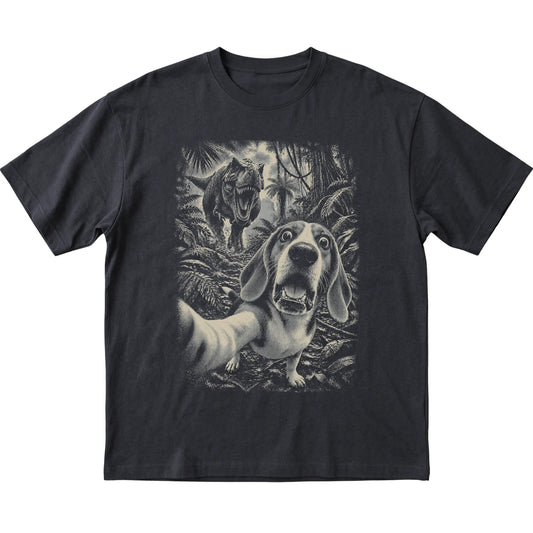 T-Rex Selfie Beagle Gildan Softstyle T-Shirt in Black, flat lay
