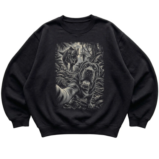 T-Rex Selfie Cane Corso Gildan Heavy Blend Crewneck Sweatshirt in Black, flat lay