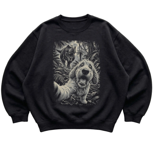 T-Rex Selfie Goldendoodle Gildan Heavy Blend Crewneck Sweatshirt in Black, flat lay