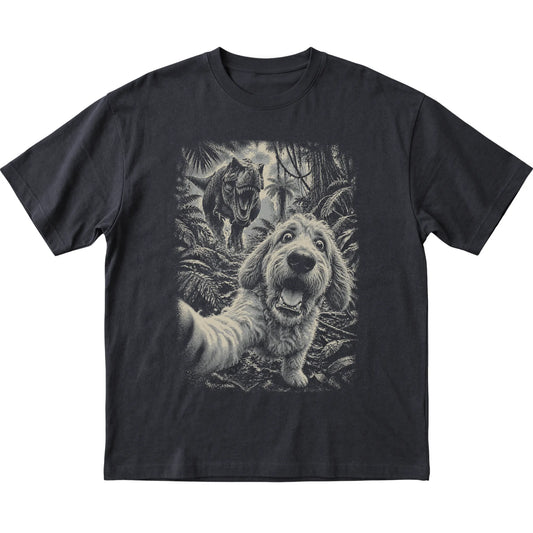 T-Rex Selfie Goldendoodle Gildan Softstyle T-Shirt in Black, flat lay