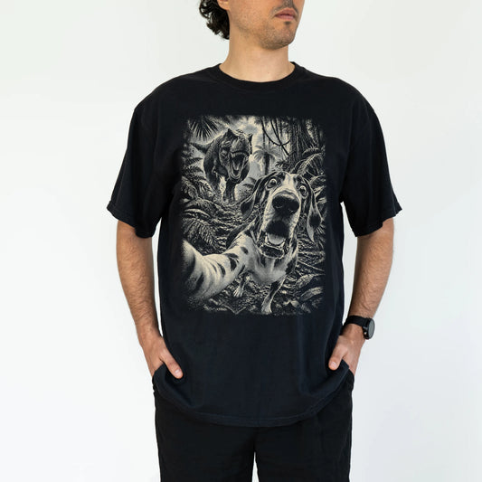 T-Rex Selfie Great Dane Comfort Colors 1717 T-Shirt in Black, studio lifestyle