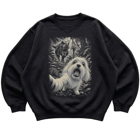 T-Rex Selfie Maltese Gildan Heavy Blend Crewneck Sweatshirt in Black, flat lay
