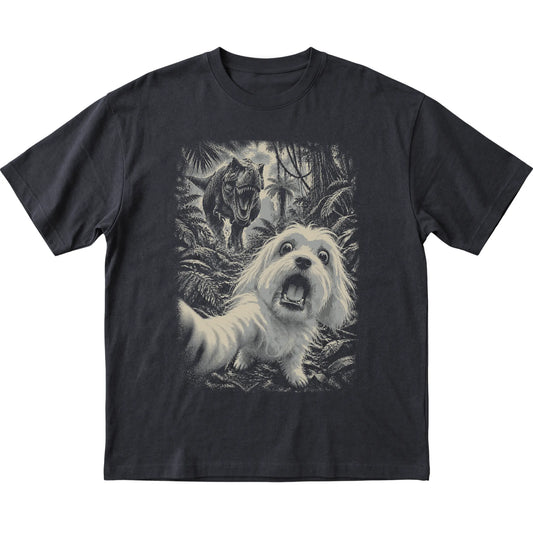 T-Rex Selfie Maltese Gildan Softstyle T-Shirt in Black, flat lay