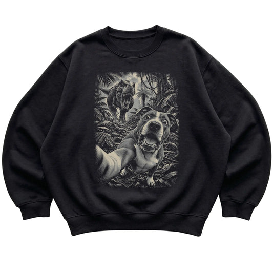 T-Rex Selfie Pitbull Gildan Heavy Blend Crewneck Sweatshirt in Black, flat lay