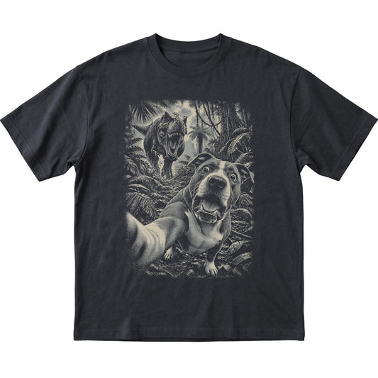 T-Rex Selfie Pitbull Gildan Softstyle T-Shirt in Black, flat lay