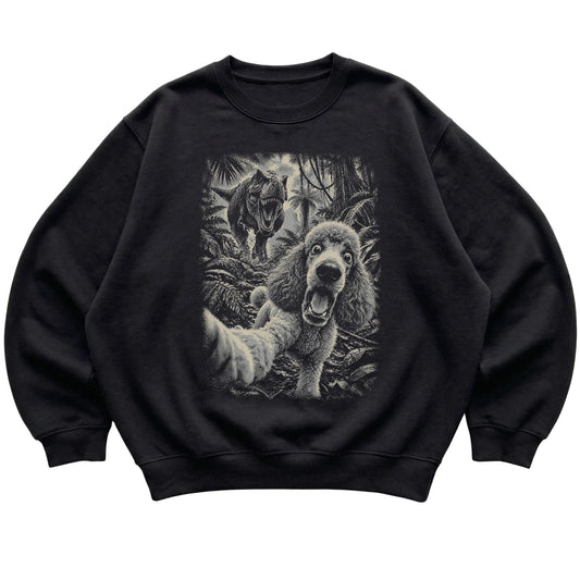 T-Rex Selfie Poodle Gildan Heavy Blend Crewneck Sweatshirt in Black, flat lay