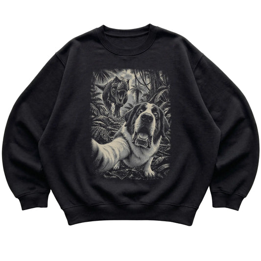 T-Rex Selfie Saint Bernard Gildan Heavy Blend Crewneck Sweatshirt in Black, flat lay