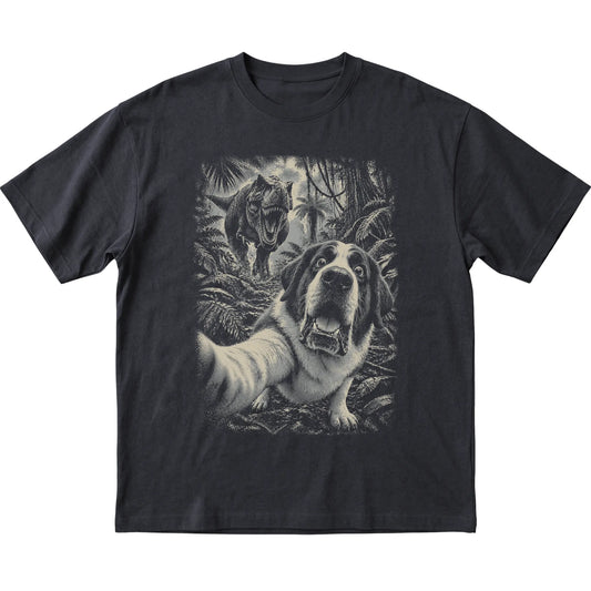 T-Rex Selfie Saint Bernard Gildan Softstyle T-Shirt in Black, flat lay