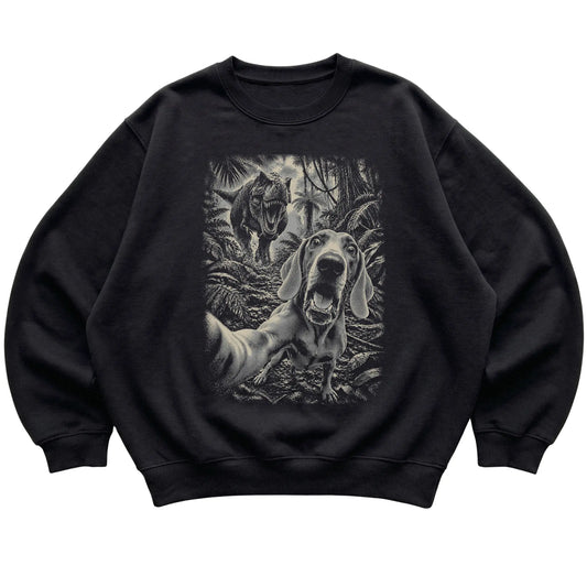 T-Rex Selfie Weimaraner Gildan Heavy Blend Crewneck Sweatshirt in Black, flat lay