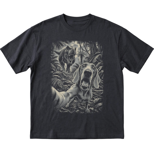 T-Rex Selfie Weimaraner Gildan Softstyle T-Shirt in Black, flat lay
