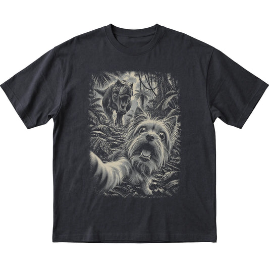 T-Rex Selfie Yorkie Gildan Softstyle T-Shirt in Black, flat lay