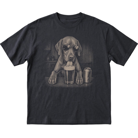 Black Vizsla drinking from a pint at a bar, laid flat