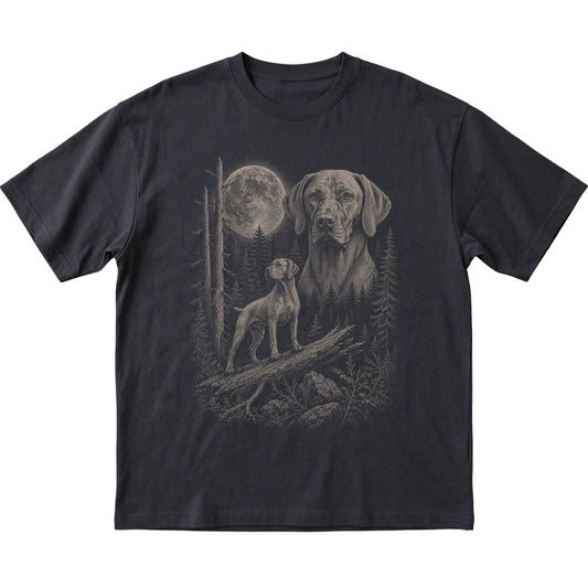 Vizsla Moonlit Forest graphic on a black Softstyle T-shirt laid flat