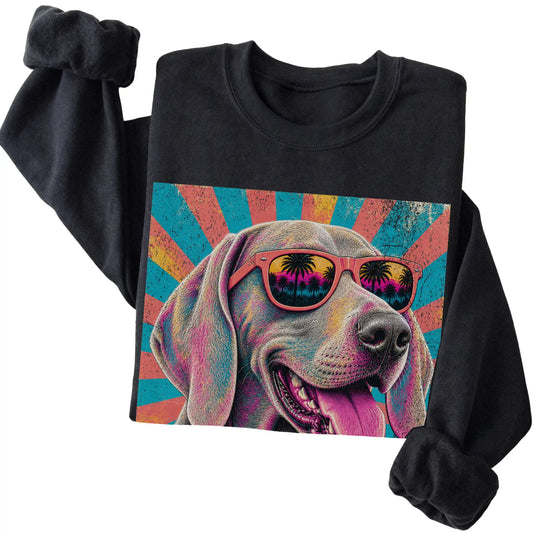 Folded Black crewneck sweatshirt with a Retro Weimaraner Mama design