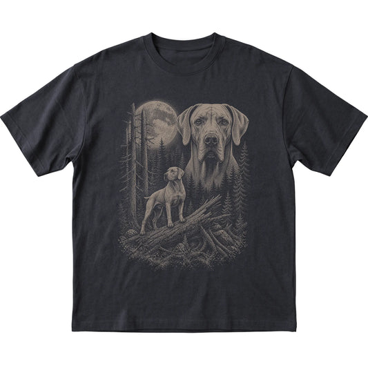 Weimaraner Moonlit Forest graphic on a black Softstyle T-shirt laid flat