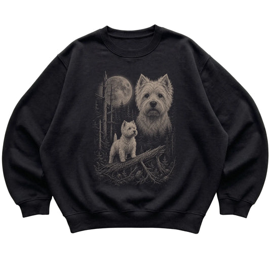 Westie Moonlit Forest graphic on a black crewneck sweatshirt laid flat