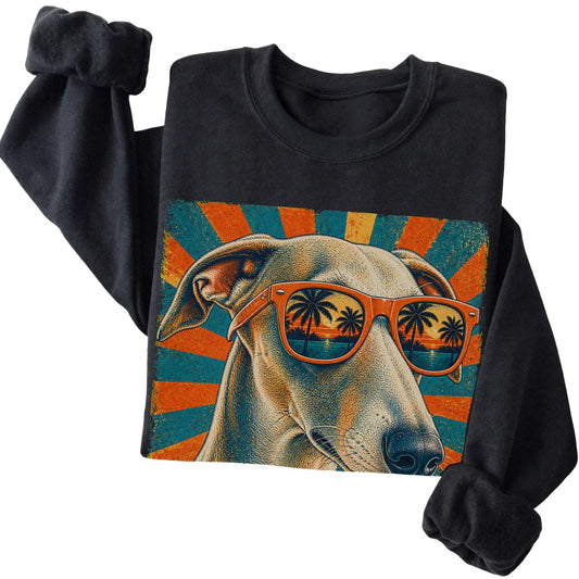 Folded Black crewneck sweatshirt with a Retro Whippet Dad design