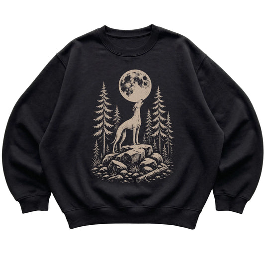 Close view of Whippet Howling at the Moon artwork on Black crewneck sweatshirt