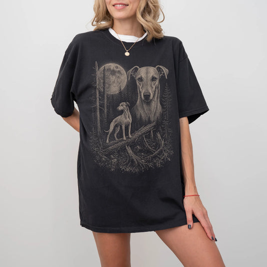 Woman wearing a Black Whippet Moonlit Forest T-Shirt