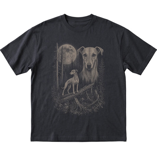 Whippet Moonlit Forest graphic on a black Softstyle T-shirt laid flat