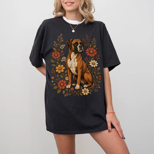 Model wearing a Black Comfort Colors® T-shirt showing Boxer portrait surrounded by wildflowers beneath the moon
