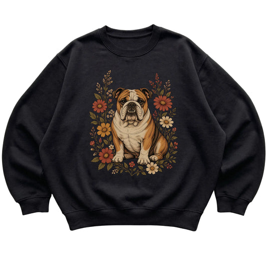 Black crewneck sweatshirt with Bulldog portrait and wildflowers, flat lay