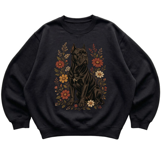 Black crewneck sweatshirt with Cane Corso portrait and wildflowers, flat lay