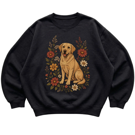 Black crewneck sweatshirt with Labrador Retriever portrait and wildflowers, flat lay
