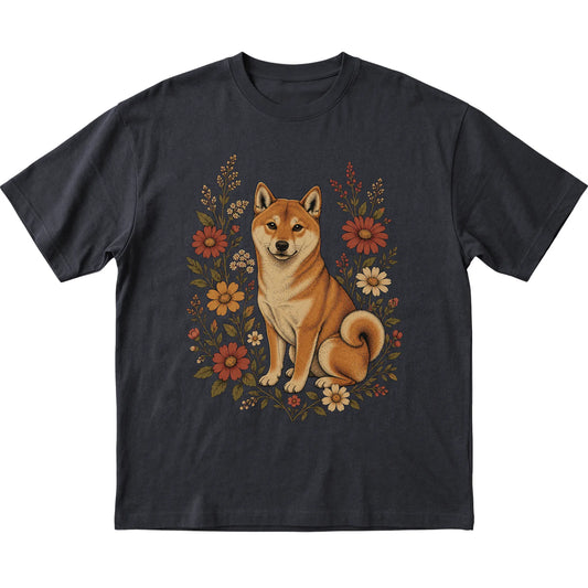 Black Softstyle T-shirt with Shiba Inu portrait and wildflowers, flat lay