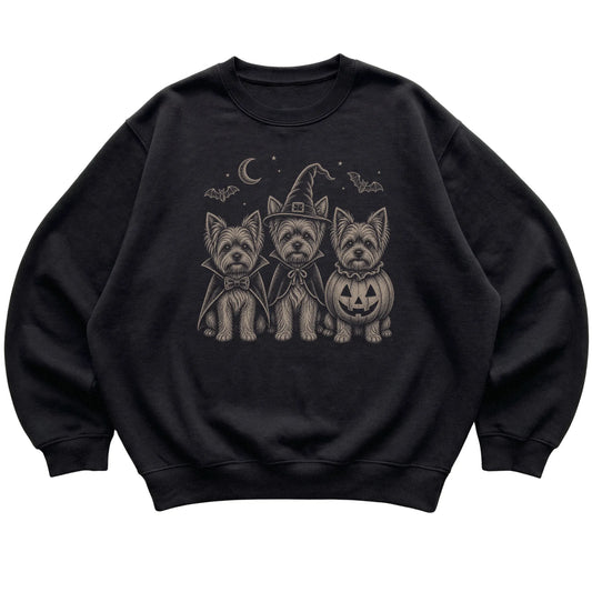 Black Yorkie Halloween Costume sweatshirt, flat view