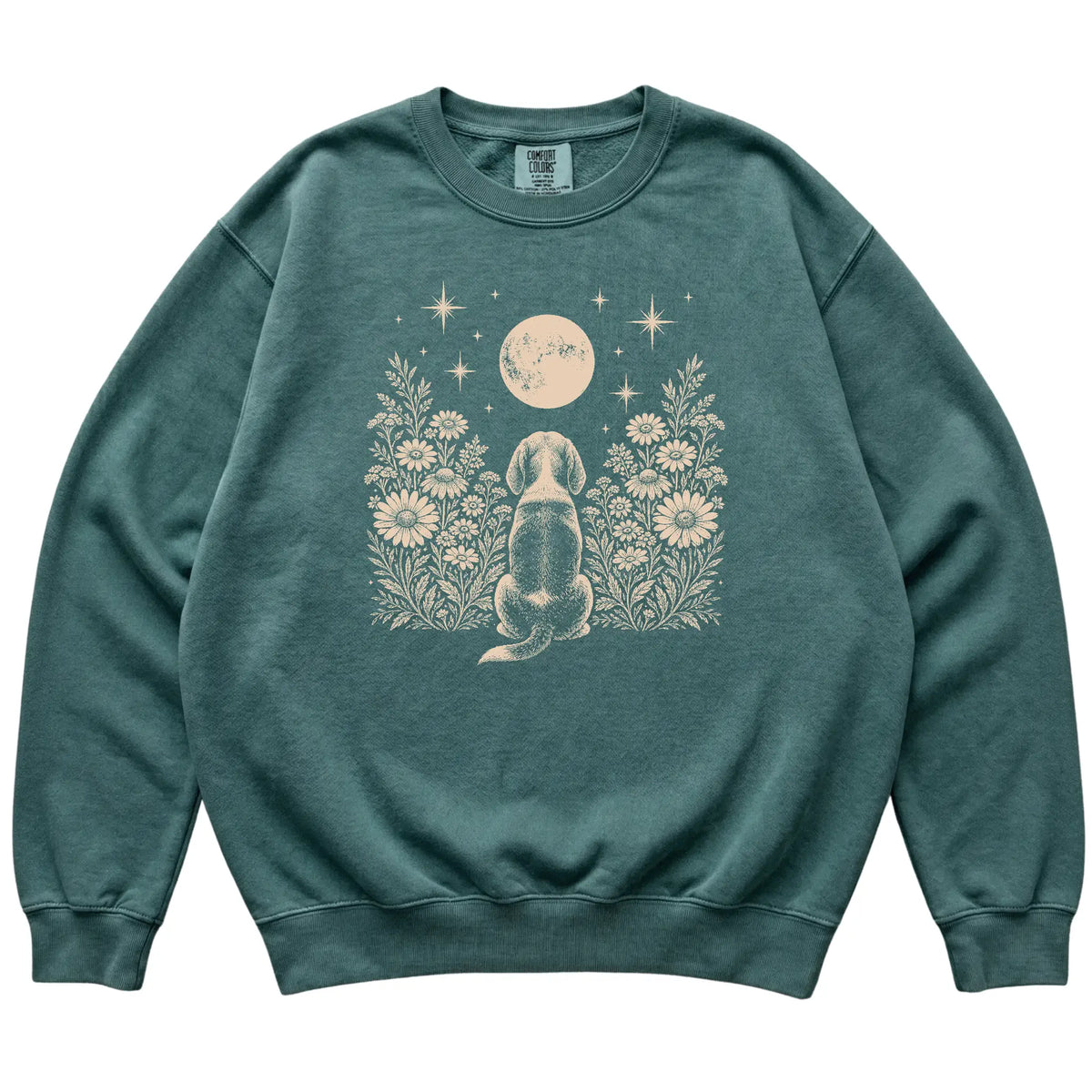 Beagle Wildflower Moon sweatshirt in Blue Spruce, flat lay view