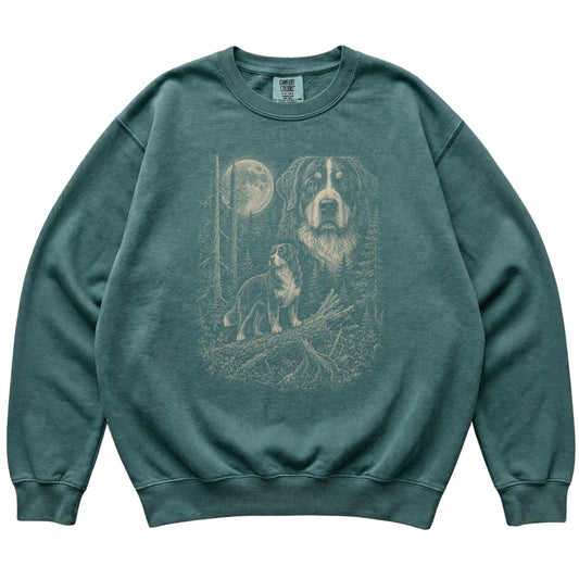 Blue Spruce Bernese Mountain Dog Moonlit Forest Comfort Colors sweatshirt, flat view