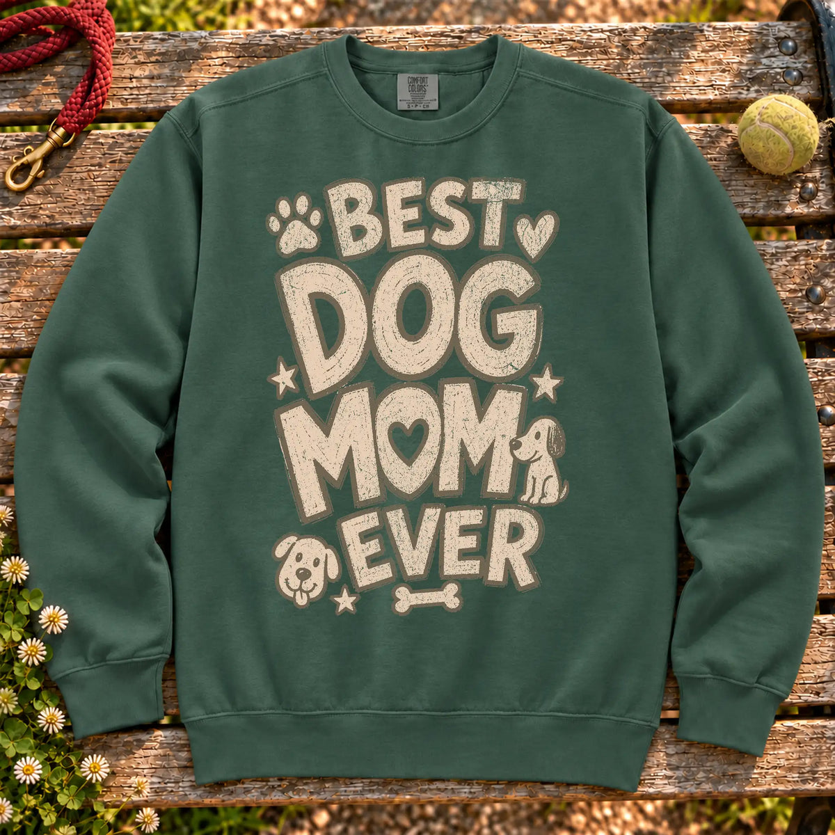 Best Dog Mom Ever on a Blue Spruce crewneck sweatshirt, shown flat