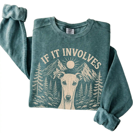 Blue Spruce Comfort Colors® sweatshirt featuring Hiking and Whippets, folded presentation