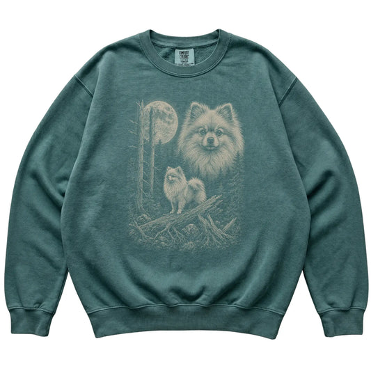 Blue Spruce Pomeranian Moonlit Forest Comfort Colors sweatshirt, flat view