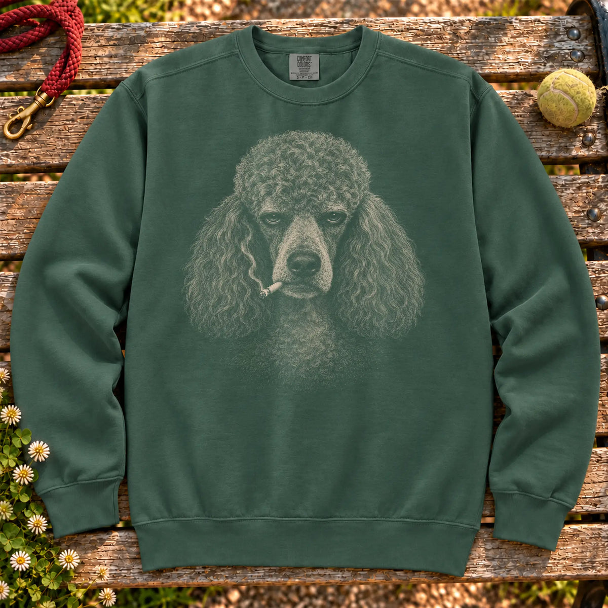 Poodle smoking design on a Blue Spruce sweatshirt