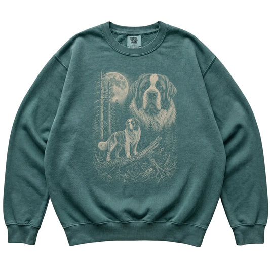 Blue Spruce Saint Bernard Moonlit Forest Comfort Colors sweatshirt, flat view