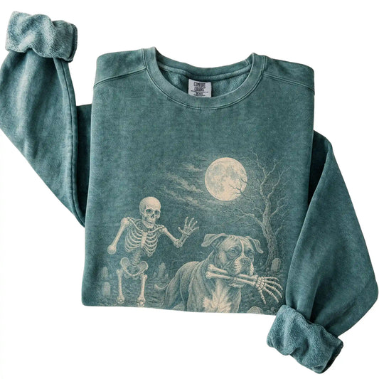 Blue Spruce Skeleton Chase Boxer Comfort Colors sweatshirt, folded view