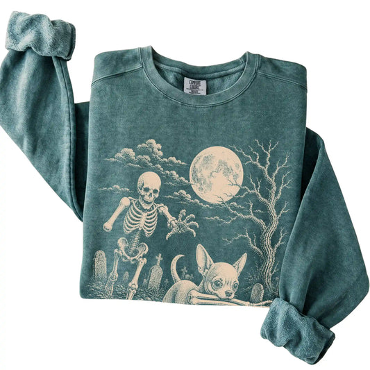 Blue Spruce Skeleton Chase Chihuahua Comfort Colors sweatshirt, folded view